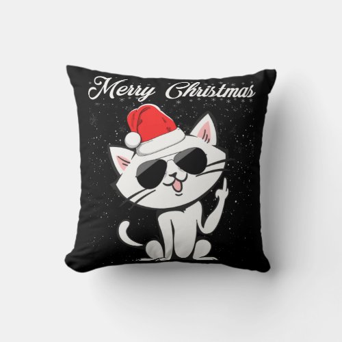 Merry Christmas Middle Finger Rude Xmas Cat Ugly Throw Pillow