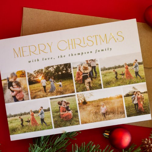 Merry Christmas Minimal Gold Foil Eight Photo Foil Holiday Card