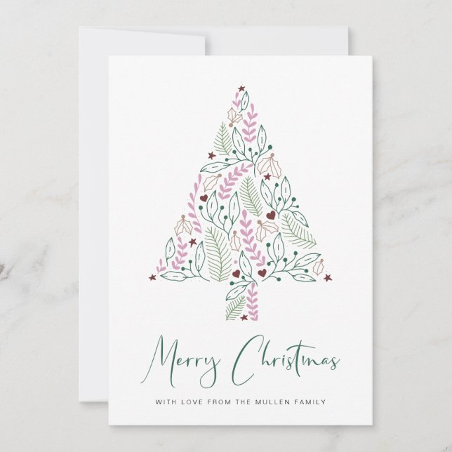Merry Christmas Minimal Modern Pink Green Tree Holiday Card (Front)