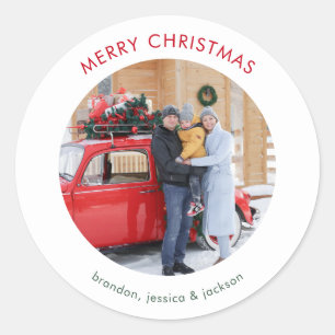 Merry Christmas Minimal Photo Classic Round Sticker