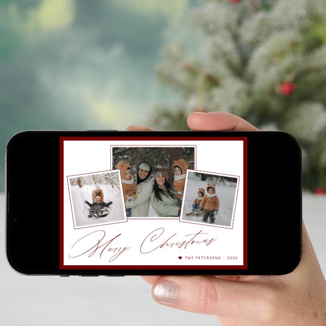 Merry Christmas minimal script 3 photo collage red Holiday Card (Front Digital)