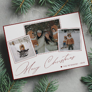 Merry Christmas minimal script 3 photo collage red Holiday Card