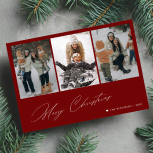 Merry Christmas minimal script 3 photo red Holiday Card