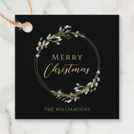 Merry Christmas Minimal Watercolor Wreath Black Favor Tags