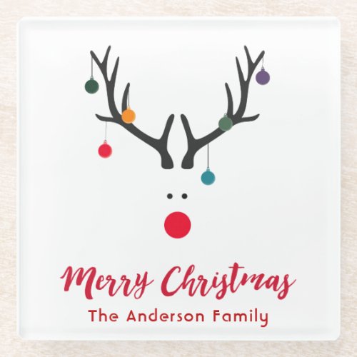 Merry Christmas minimalist and cute reindeer white Glass Coaster