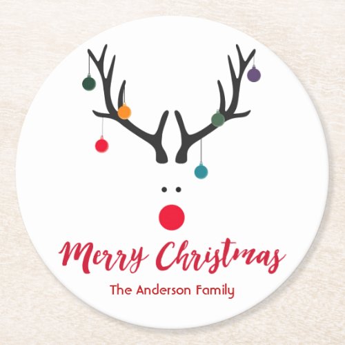 Merry Christmas minimalist and cute reindeer white Round Paper Coaster