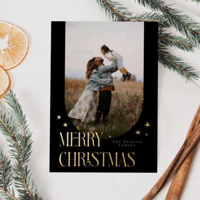 Merry Christmas Minimalist Arch Black Foil Holiday Card (Creator Uploaded)