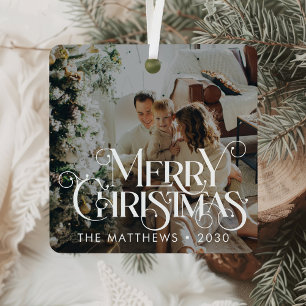 Merry Christmas Minimalist Fun Typography Photo Metal Ornament