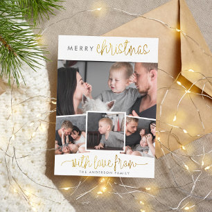 Merry Christmas Minimalist Gold 4 Photo Collage Holiday Card