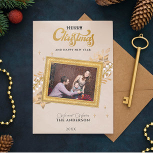 Merry Christmas minimalist Gold arch Photo Holiday Invitation