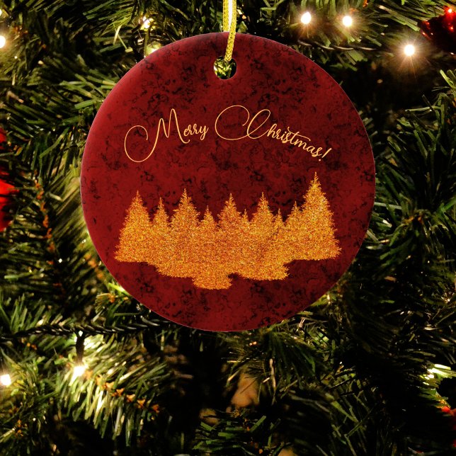 Merry Christmas - minimalist - golden fir trees Ceramic Ornament (Creator Uploaded)