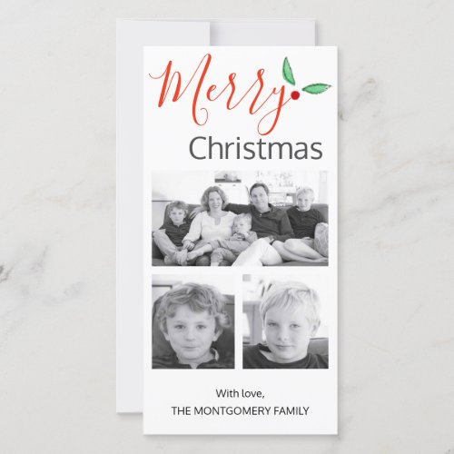 Merry Christmas Minimalist Holly Three Photos Holiday Card