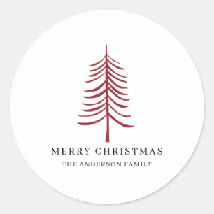 Merry Christmas Minimalist Red Modern Tree  Classic Round Sticker