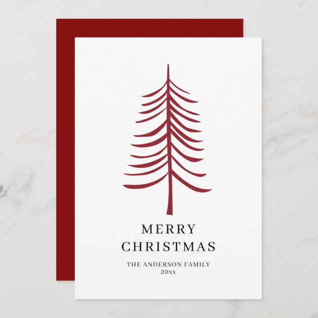 Merry Christmas Minimalist Red Modern Tree  Holiday Card (Front/Back)