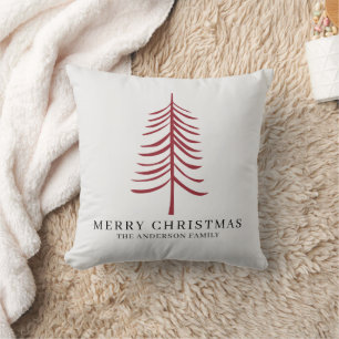 Merry Christmas Minimalist Red Modern Tree  Throw Pillow