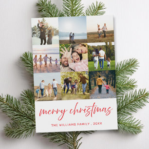 Merry Christmas Minimalist Script 9 Photo Collage Holiday Card