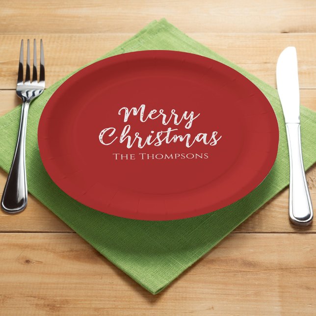 Merry Christmas Minimalist Simple Red Calligraphy  Paper Plates (Merry Christmas simple calligraphy script with a minimalist red background. )