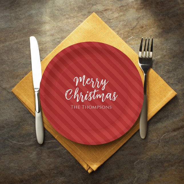 Merry Christmas Minimalist Simple Striped Red  Paper Plates (Perfect for any party, get-togethers, or business and corporate parties too. )