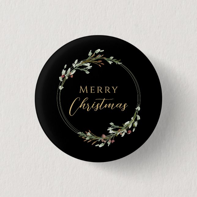 Merry Christmas Minimalist Wreath Black Button (Front)