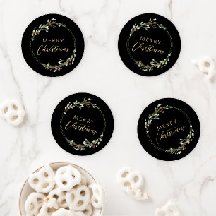 Merry Christmas Minimalist Wreath Black Coaster Set