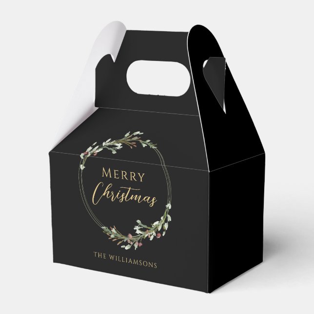 Merry Christmas Minimalist Wreath Black Favor Boxes (Front Side)