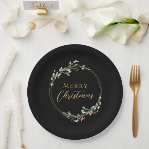 Merry Christmas Minimalist Wreath Black Paper Plates
