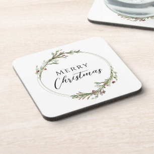 Merry Christmas Minimalist Wreath White Beverage Coaster
