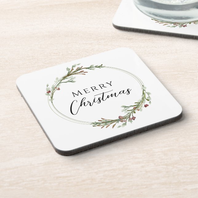 Merry Christmas Minimalist Wreath White Beverage Coaster (Left Side)