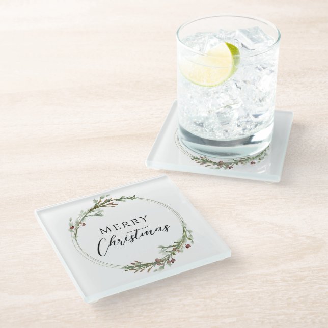 Merry Christmas Minimalist Wreath White Glass Coaster (Angled)