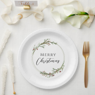 Merry Christmas Minimalist Wreath White Paper Plates