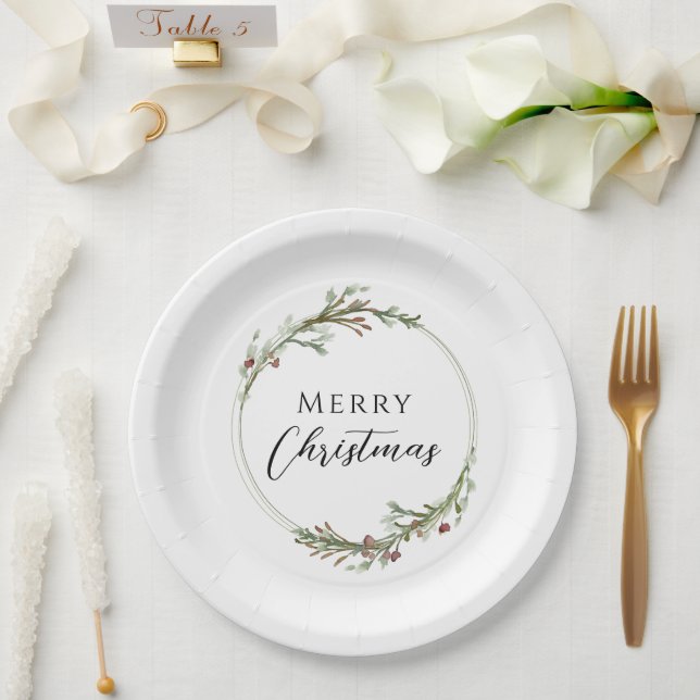 Merry Christmas Minimalist Wreath White Paper Plates (Wedding)