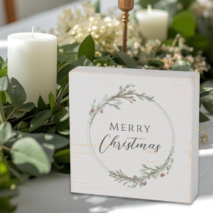 Merry Christmas Minimalist Wreath White Wooden Box Sign