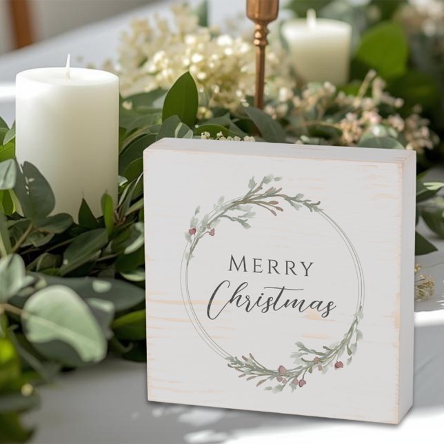 Merry Christmas Minimalist Wreath White Wooden Box Sign (Creator Uploaded)