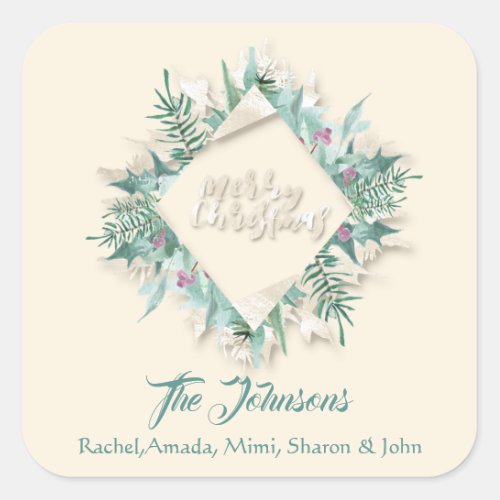 Merry Christmas Mint Green Ivory Holidays Frame 3D Square Sticker