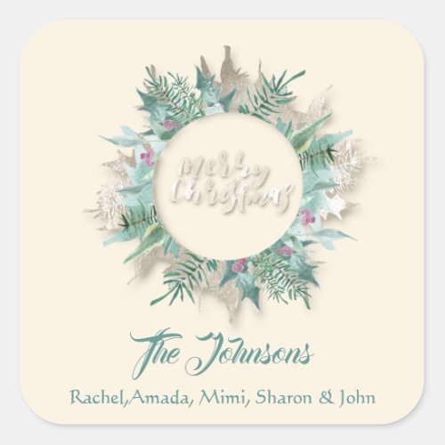 Merry Christmas Mint Green Ivory Holidays Wreath Square Sticker