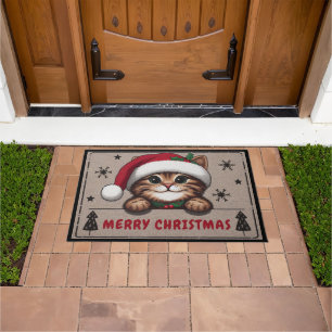 Merry Christmas Mischievous Tabby Cat, Xmas Kitten Doormat