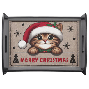 Merry Christmas Mischievous Tabby Cat, Xmas Kitten Serving Tray