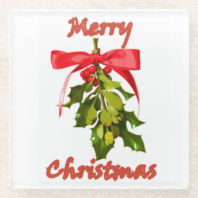 merry christmas mistletoe glass coaster (Front)