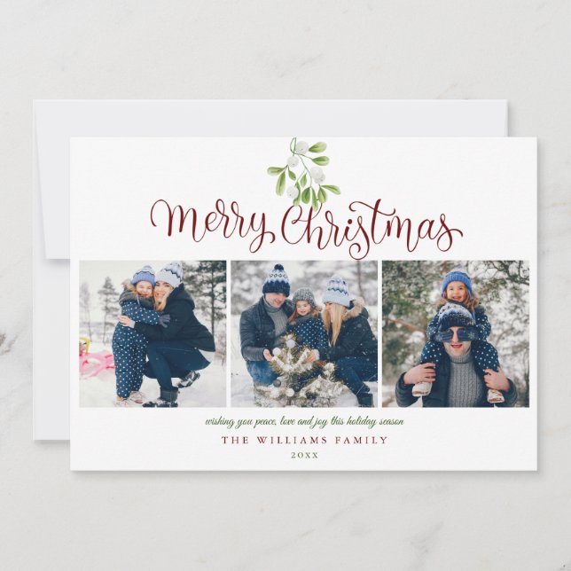 Merry Christmas Mistletoe Modern 4 Photo Holiday Card (Front)