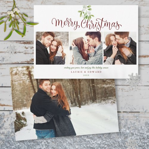 Merry Christmas Mistletoe Modern Couples 4 Photo Holiday Card