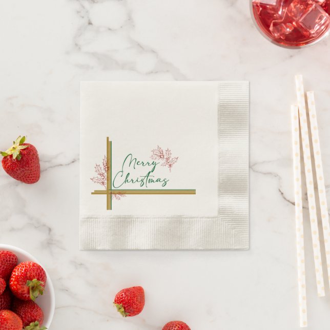 Merry Christmas Mistletoe Red Green Gold Elegant Napkins (Insitu)