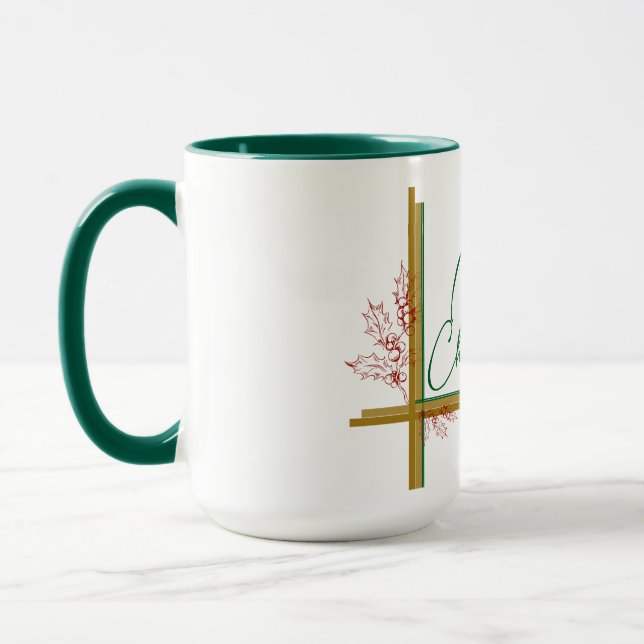 Merry Christmas Mistletoe Red Green Gold Mug (Left)