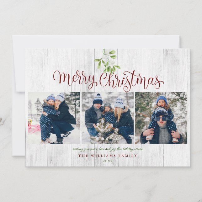 Merry Christmas Mistletoe Rustic Wood 4 Photo Holiday Card (Front)