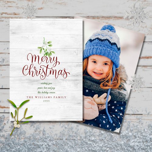 Merry Christmas Mistletoe Rustic Wood Photo Holiday Card