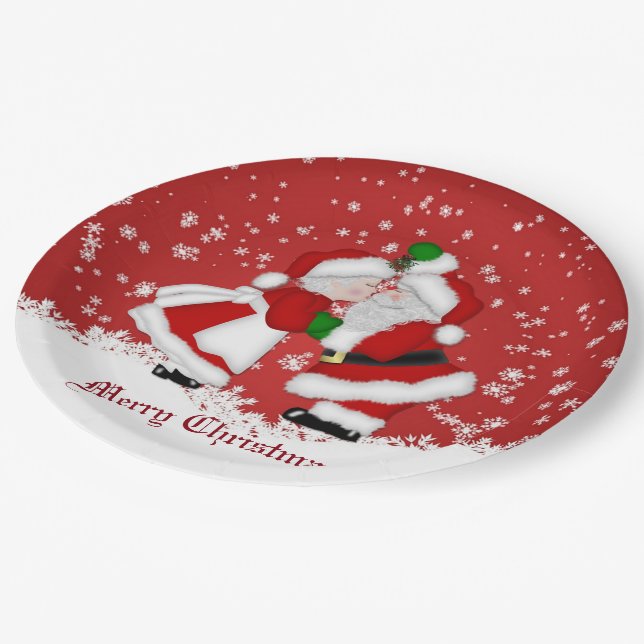 Merry Christmas Mistletoe Santa Paper Plates (Angled)