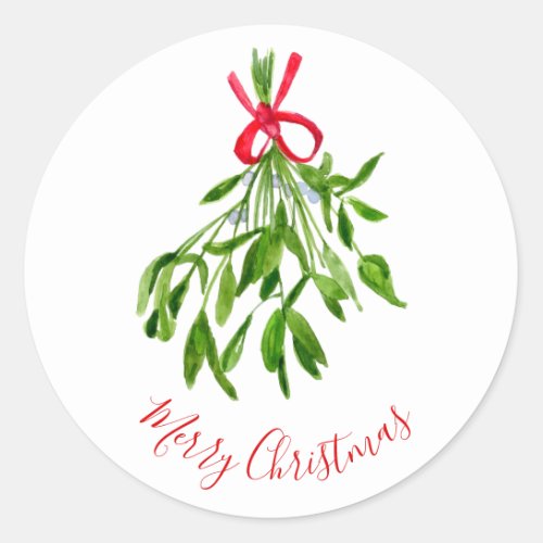 Merry Christmas Mistletoe Watercolor Greenery Classic Round Sticker