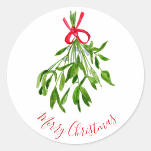 Merry Christmas Mistletoe Watercolor Greenery Classic Round Sticker