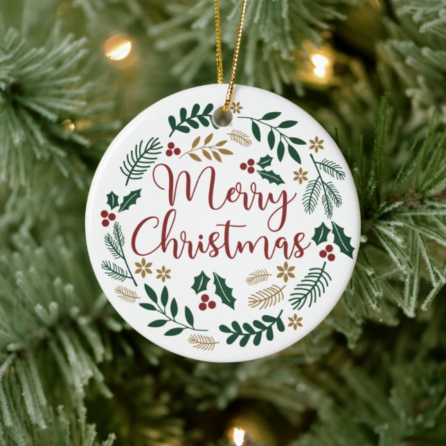 Merry Christmas Mistletoe Wreath Ceramic Ornament (Tree)
