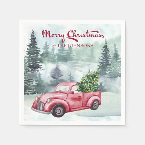 Merry Christmas Misty Forest and Vintage Red Truck Napkins