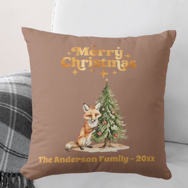 Merry Christmas mocha gold cute fox Throw Pillow (Creator Uploaded)
